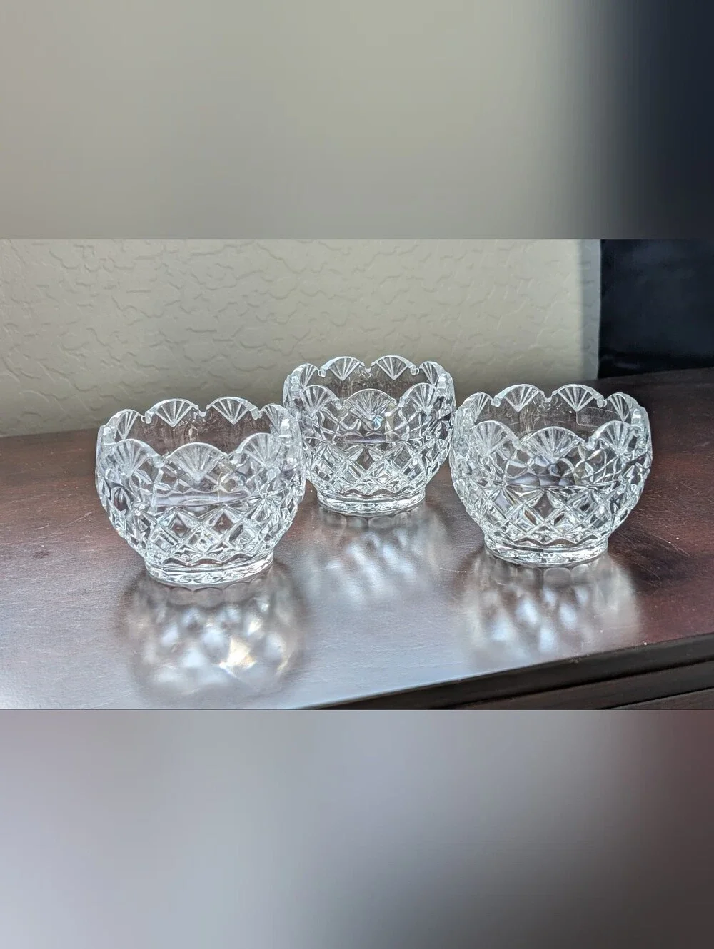Royal Irish Cut 24%Leaded Crystal Clear Votive Candle Scalloped Edge Set Of 3